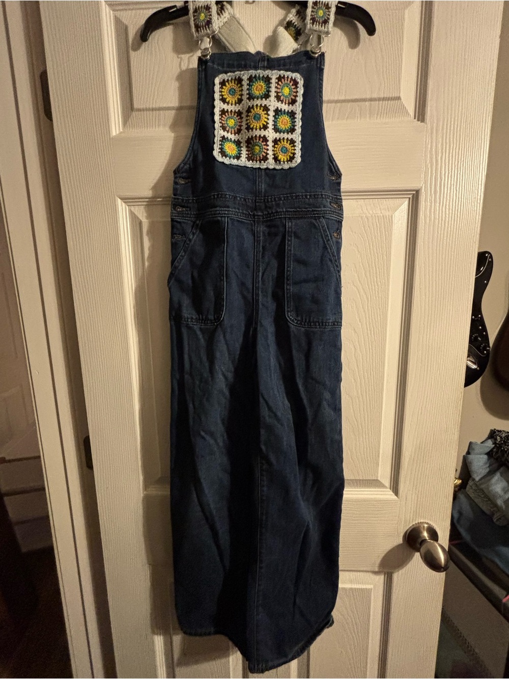 Denim Overalls with Crocheted Sunflower Patch - Blue